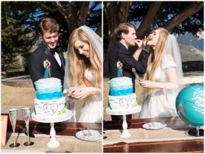 Cutting wedding cake at Point 16 in Big Sur